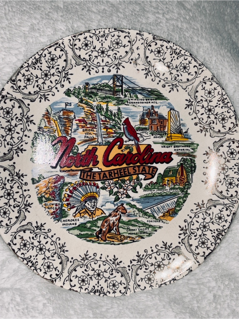 Vintage NC State Plate w/landmarks  9.5”.